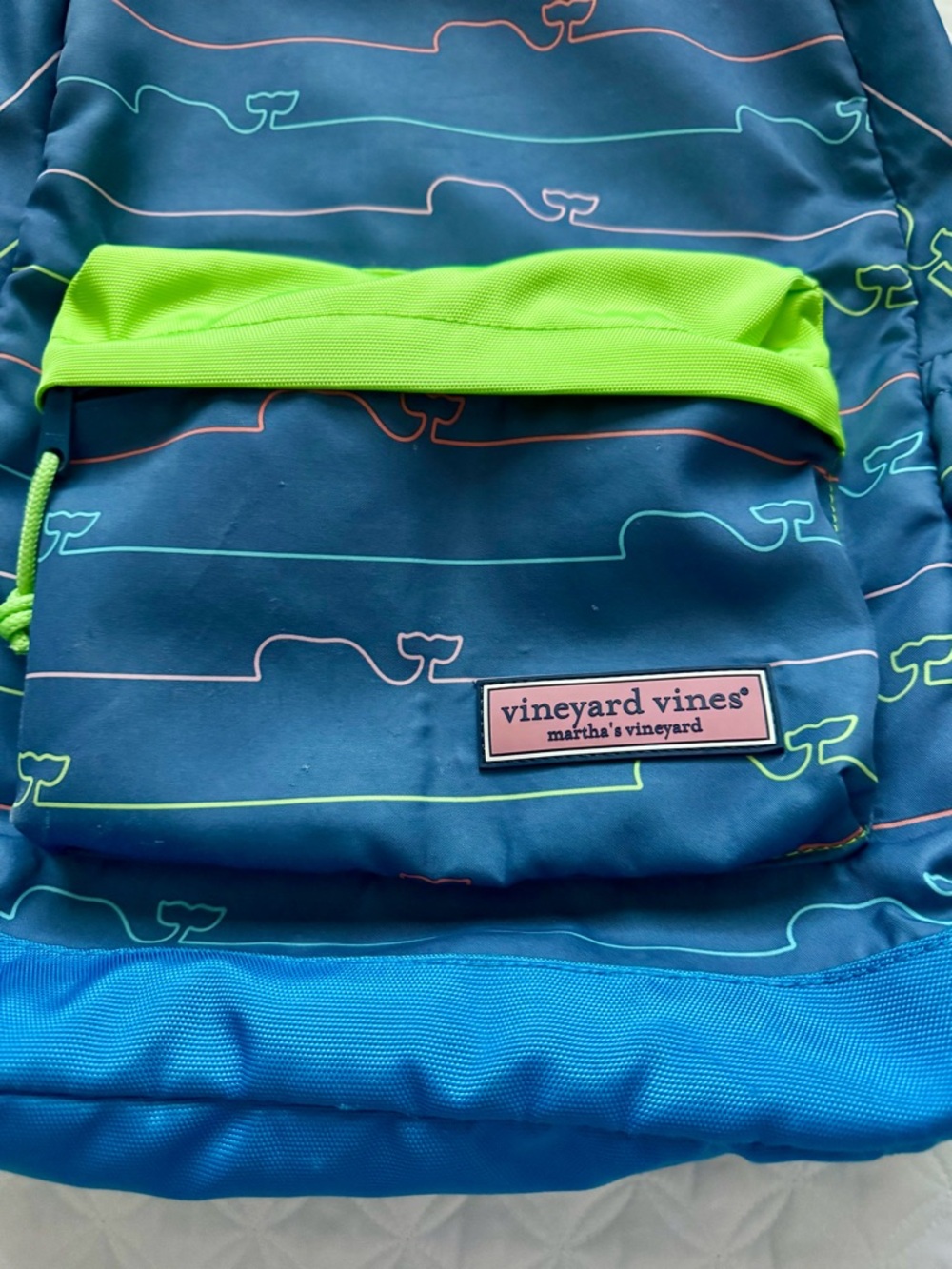 Vineyard Vines Kids School Daycare Backpack Bookbag Neon Green Whale Blue Lines - Picture 4 of 15